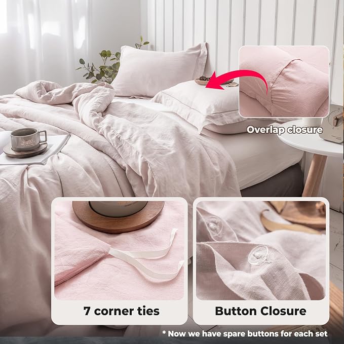 Simple&Opulence 100% Washed Linen Duvet Cover with Embroidered, 3 Pieces Soft Farmhouse Comforter Set with Button Closure,1 Duvet Cover and 2 Pillowshams (Queen,Dusty Pink)