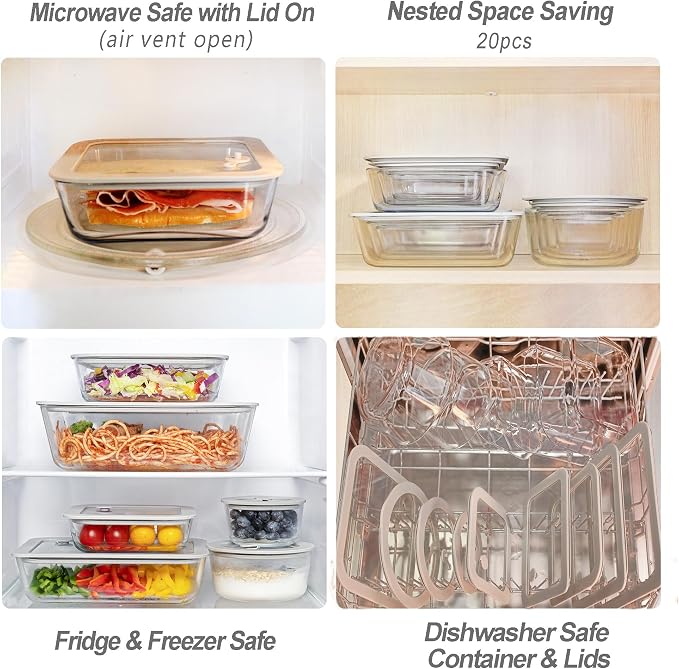 Glass Food Containers with Glass Lid, Microwave Safe Food Storage Container Set, 2 Pack of 87oz, Large Size Airtight Storage Set with Leak Proof Lids, Meal Prep Containers