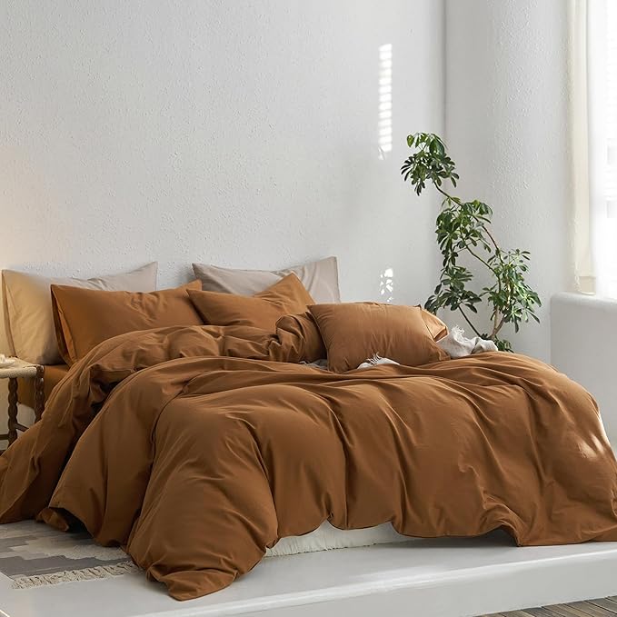 MooMee King Duvet Cover Set, 100% Washed Cotton Linen Like Twill Thick Sturdy Material Super Soft Breathable Durable Bedding for All Season, 3 Pieces (Dark Orange, King 104"x90")