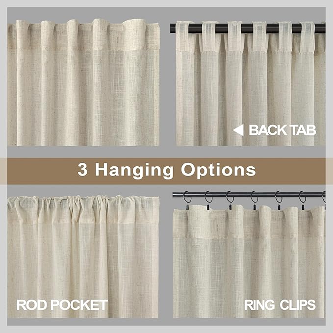 Pitalk Beige Sheer Curtains 80 Inch Length for Living Room 2 Panel Back Tab Rod Pocket Neutral Rustic Modern Farmhouse Semi Privacy Flax Linen Drape Pleated Curtain for Bedroom Wide 52x80 Long Curtain