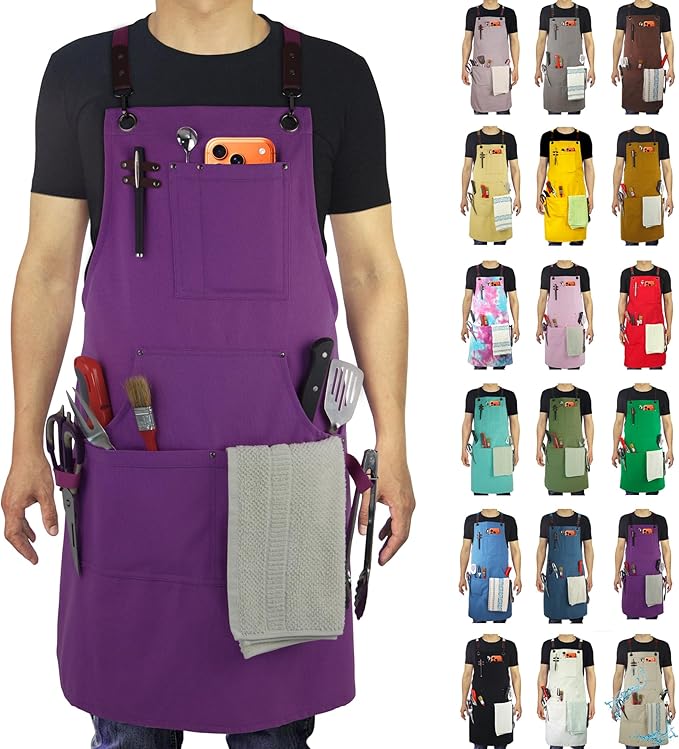 Kitchen Apron, Work Apron, Canvas, Multiple Pockets, Gardening, Painting, BBQ, Artist, Carpenter, Sizes M to XXL, Purple
