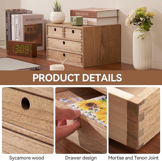 KIRIGEN Wood Desktop Storage Cabinet with 4 Drawers, 3-Tier Desk Organizer for Letter-Size Paper, Mail, Home Office Supplies, Makeup, Crafts, Desk or Countertop, Fully Assembled, Brown WJG34-DBR