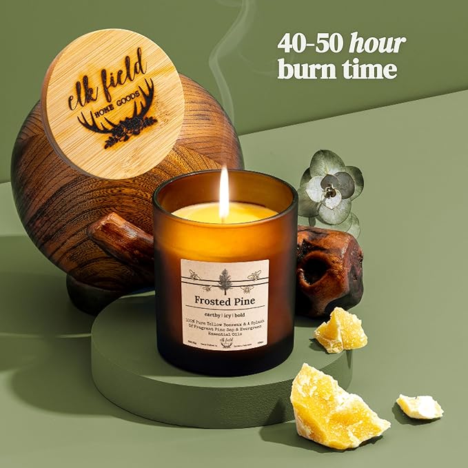 Frosted Pine Organic Beeswax Candle, 8oz | 2 Ingredients | 100% Pure Beeswax Candles, Non Toxic, Natural, Organic Candles, Essential Oil Scented, 50 Hour