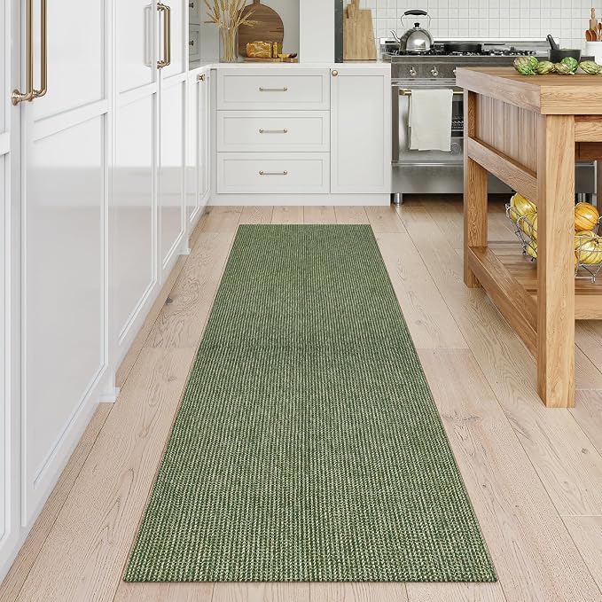 Uphome Long Hallway Runner Rug, 2x8 Washable Boho Kitchen Rug Runner, Non Slip Braided Cotton Famhouse Entryway Runner Rug Low Pile, Stain Resistant Floor Runner for Hallways Doorawy Bedroom, Green