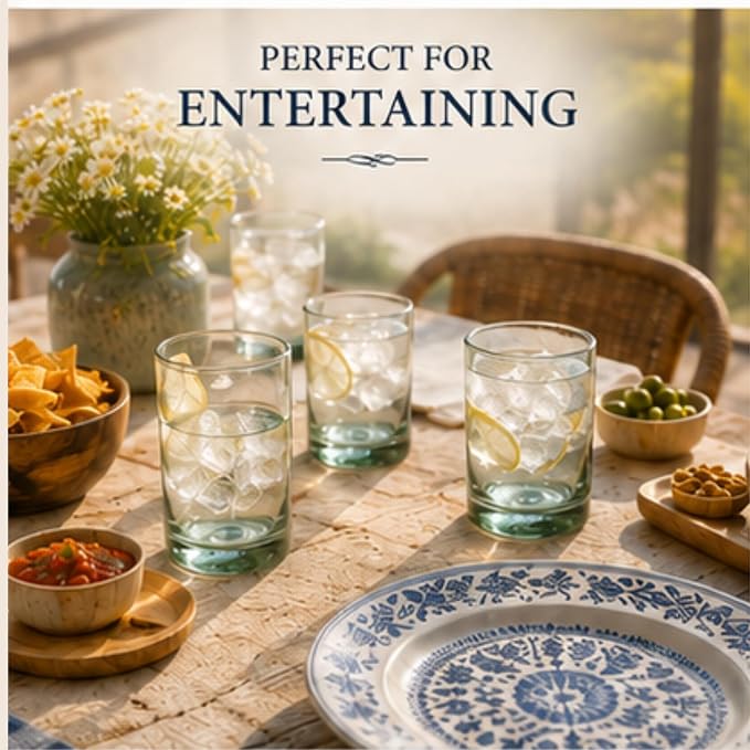 Aztecas Design Handblown Recycled Glass Drinking Glasses, Clear, Set of 4, Classic Style (16oz)