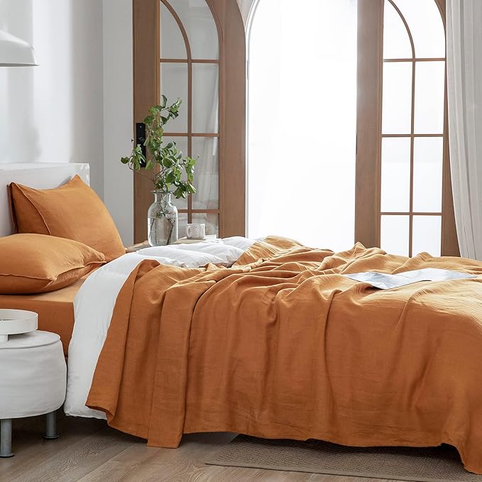EVERLY Linen Sheets Set King Size, 100% French Stonewash Pure Linen, 4 Pieces (1 Flat Sheet, 1 Fitted Sheet, 2 Pillowcases), Deep Pocket, Natural Bedding Set - Caramel