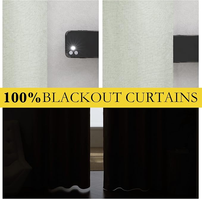 NICETOWN Light Green Blackout Linen Curtains 95" Long, Rod Pocket Back Tab Full Light Blocking Drapes with White Thermal Insulated Liner for Nursery, Hall, Villa (2 Pieces, 52" Wide Each Panel)