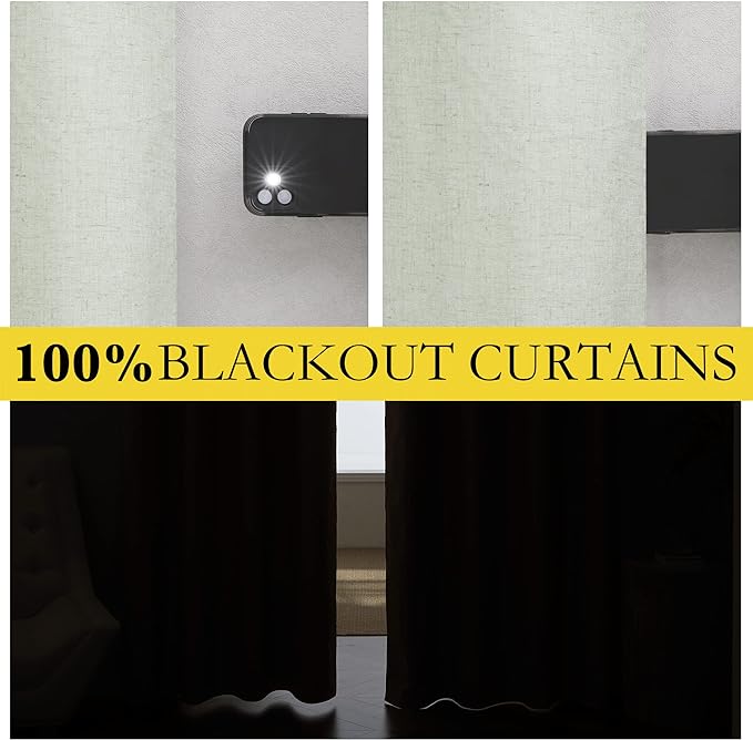 NICETOWN 100% Blackout Light Green Linen Curtains 90" Length with Thermal Insulated Liners, Farmhouse Style Room Cooling Window Draperies for Dining Room, Living Room (2 Panels, 52" W)