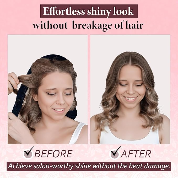 Heatless Curlers, No Heat Curls Overnight, Black Satin Flexi Rod with 6pcs Heatless Curling Set, 2 Scrunchies, 2 Hair Ties, Carry Pouch, Clip for Overnight Hair Curler (Black, All Size)