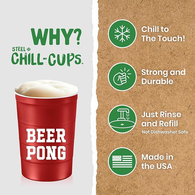 Steel Chill Cups 16 oz. Party Cup 'Beer Pong' Drinking Game Design for Cold Drinks, Sturdy, Durable, Disposable, Recyclable, Made in USA, Red 12 Count