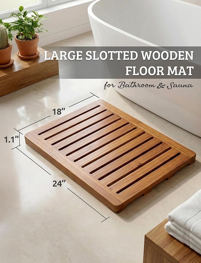 Acacia Wood Shower Mat 24x18 Inches by Demigo, Luxury Bath Mat Non Slip for Bathroom Bathtub Shower Spa Garden Home, Wooden Floor Mat Square Large for Outdoor and Indoor