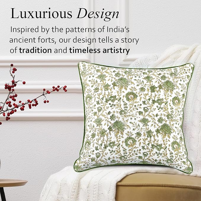 CPC Vintage Garden Green Block Print Throw Cushion Cover 20 x 20 Inch Set 2 - Decorative Boho Floral Pillow Case for Living Room, Bed, Sofa, Couch, Home Decor Gift for Spring, Mother's Day