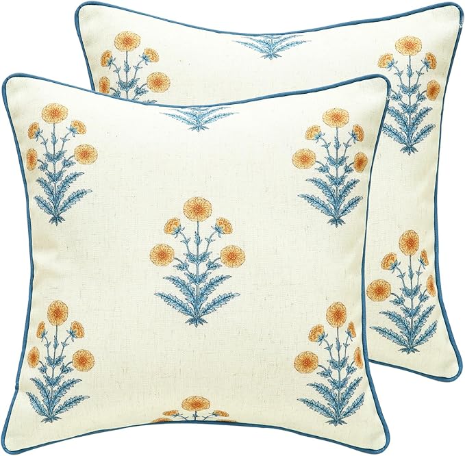 ISAENNE Design Square Simple Elegant Linen Throw Pillow Covers 18"x18" Pack of 2, Blue Yellow Floral Pattern Cushion Covers Decor Pillowcases for Bed,Living Room,Outdoor,Car