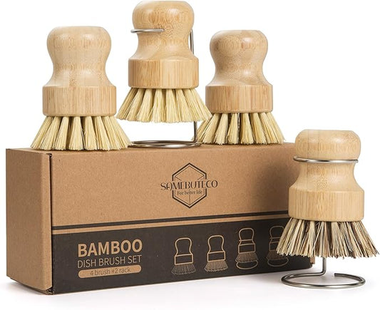 SAMEBUTECO 6-Piece Bamboo Dish Brush Set with 2X Fast-Dry Stainless Steel Holder,3xNatural Sisal Bristle Brush & 1xPalm Bristle Kitchen Cleaning Brushes for Dishes, Pots, Pans & Sink