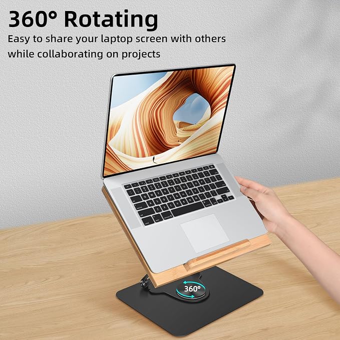 wishacc Premium Wooden & Metal Laptop Stand for Desk, Ergonomic Adjustable Computer Riser with Heat Dissipation, Foldable Portable Laptop Holder Compatible with MacBook Air Pro 10-17" Laptops