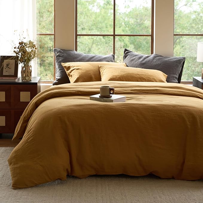 SIJO Premium Stone Washed Organic French Linen Duvet Cover, GOTS Certified Organic, Small Batch Sourced from Normandy, Best Cooling Linen Sheet Award by Sleep Foundation (Turmeric, Full/Queen)