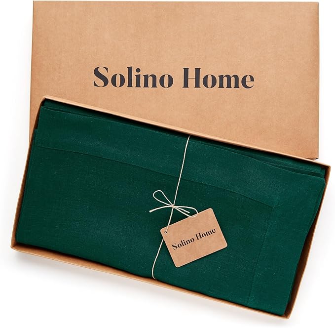 Solino Home Linen Tablecloth 52 x 52 Inch - 100% Pure Linen Rainforest Green Square Tablecloth - Fete, Machine Washable Table Throw
