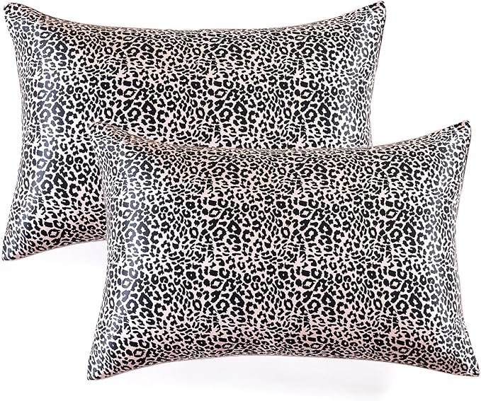 THXSILK Set of 2 Natural Mulberry Silk Pillowcase Hypoallergenic Zipper Pillow Case - Grade 6A+ Real Mulberry Silk Pillowcase Organic Silk Pillow Case (Leopard Print, Queen Size 20"x30")