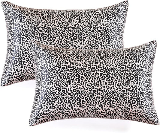 THXSILK Set of 2 Natural Mulberry Silk Pillowcase Hypoallergenic Zipper Pillow Case - Grade 6A+ Real Mulberry Silk Pillowcase Organic Silk Pillow Case (Leopard Print, Queen Size 20"x30")