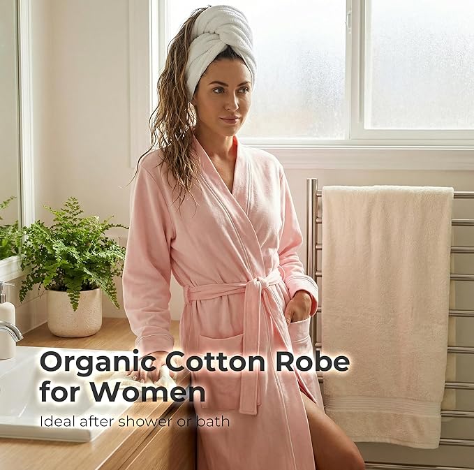 U2SKIIN Womens Organic Cotton Robe, Lightweight Long Kimono Bathrobe for Women, Soft Spa Lounge Sleepwear with Pockets