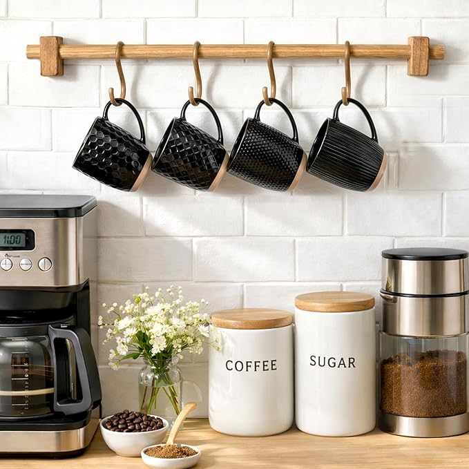 GBhome Large Coffee Mugs Set of 4, 16oz Handmade Embossed Coffee Mugs Set with Large Handle for Cappuccino/Latte/Tea/Hot Cocoa, Dishwasher & Microwave Safe, Black