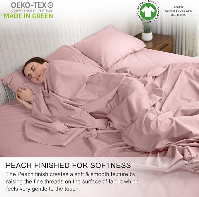 RUVANTI 100% Cotton Organic Percale Sheets Split King Size – Crisp Cooling Bed Sheets for Hot Sleepers, Deep Pocket 15”, Soft Peach Finish, Breathable & Durable Hotel-Style 5 Pcs, Peach Skin