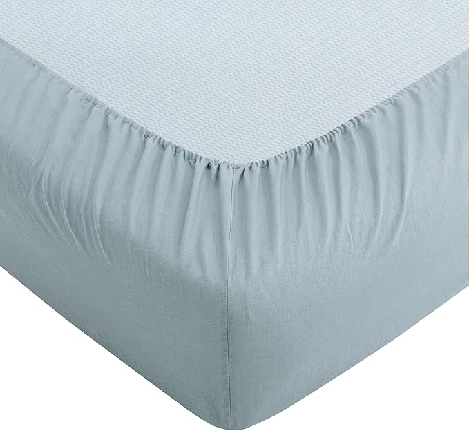 ATLINIA 100% Pure Flax Linen Bedding Set - Stone Washed French Linen Fabric Deep Pocket Fitted Sheet Farmhouse Flat Sheet 2 Pillowcases (Dusty Blue, California King)