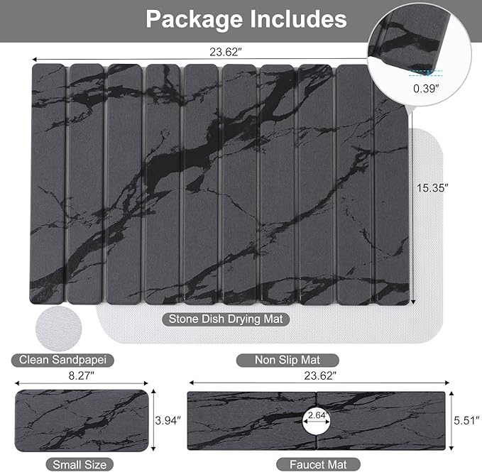 3 PCS Large Stone Dish Drying Mat for Kitchen Counter, Quick Dry Diatomaceous Earth Mat with Sink Faucet Pad, Marble Water Absorbing Stone Drying Mats for Dishes, Bottles and Cups