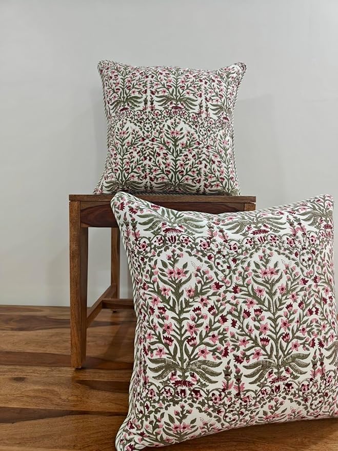 ATOSII Block Print Throw Pillow Covers, 24" X 24" - Set of 2, Decorative Couch Pillows for Living Room Bed Sofa, 100% Cotton Canvas Pillow Case for Home Decor & Outdoors, Preppy Throws - Nargis Pink