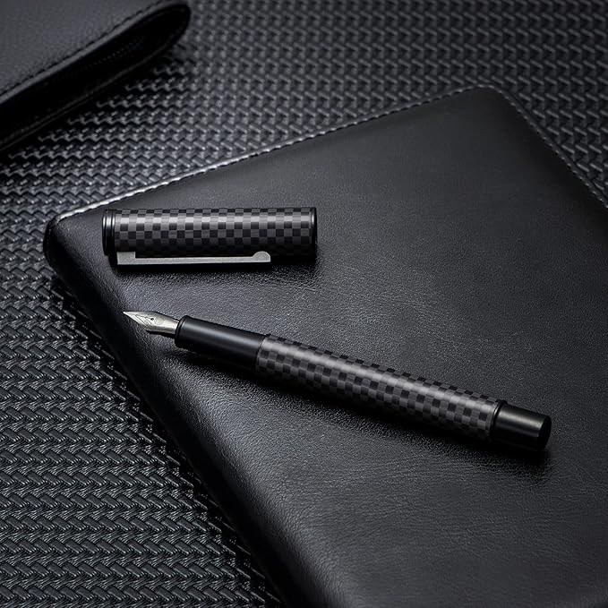 HONG DIAN Fountain Pen Black Fine Nib Carbon Fiber Forest Pro Series, Modern Design Consistent Writing Pen with Ink Refill Converter and Metal Pen Case Set