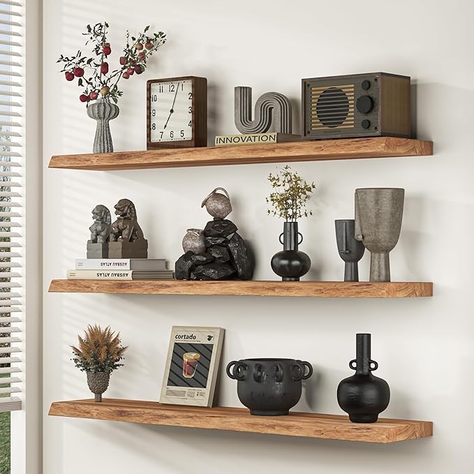 Fun Memories Floating Shelves for Wall, 55 Inch Rustic Live Edge Floating Shelf, Heavy-Duty Wall Shelves with Invisible Bracket Mount for Living Room, Bathroom, Bedroom, Kitchen, Natural