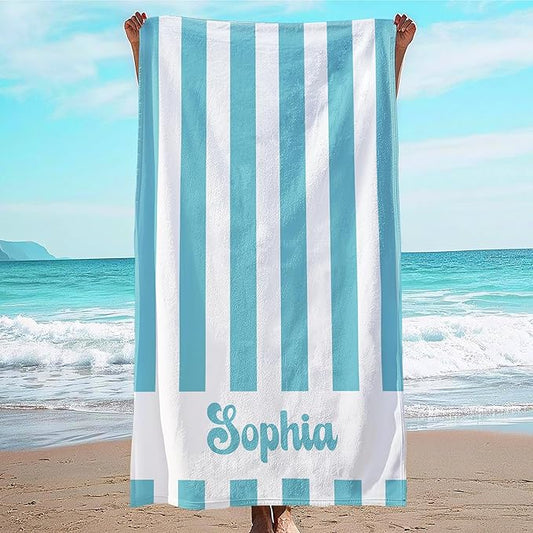 JML Personalized Beach Towel with Name, Custom Cabana Stripe Beach Towel, Customized Microfiber Pool Towel, Quick Dry & Absorbent Swim Towel for Adult,Anniversary, Birthday, Summer Holiday,Vacation