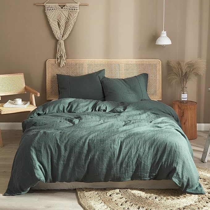 Ivellow Green Linen Duvet Cover King - 100% Pure French Flax Linen - Soft, Breathable, Natural - King Size Duvet Cover & 2 Pillow Shams
