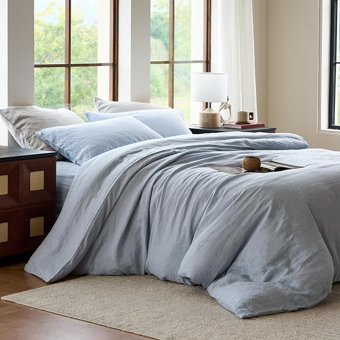 SIJO Premium Stone Washed Organic French Linen Duvet Cover, GOTS Certified Organic, Small Batch Sourced from Normandy, Best Cooling Linen Sheet Award by Sleep Foundation (Sky, Full/Queen)
