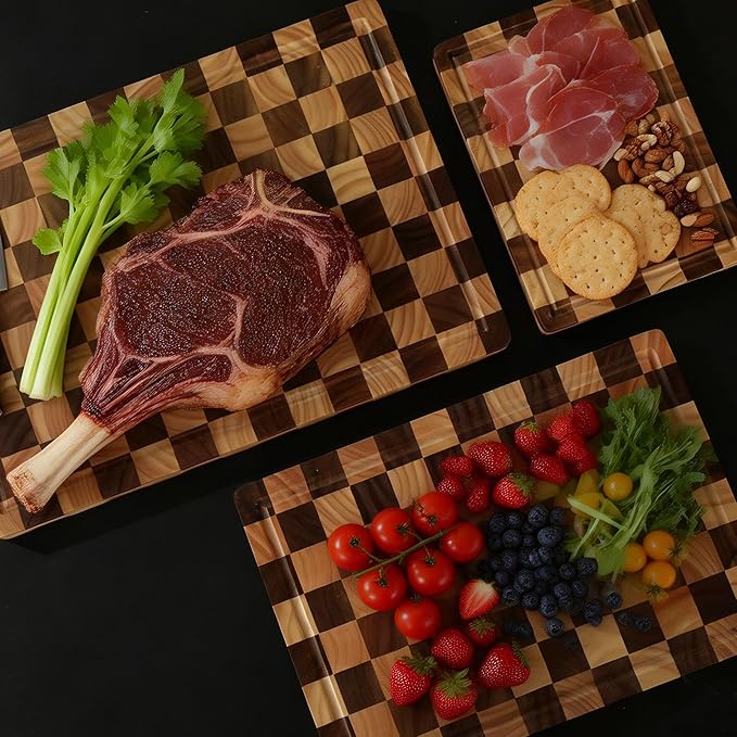 3 Pack Checkered Wood Cutting Board Set Cutting Boards for Kitchen Non Slip Acacia Wood Chopping Board with Juice Grooves & Handles Wooden Chopping Board Butcher Block End Grain
