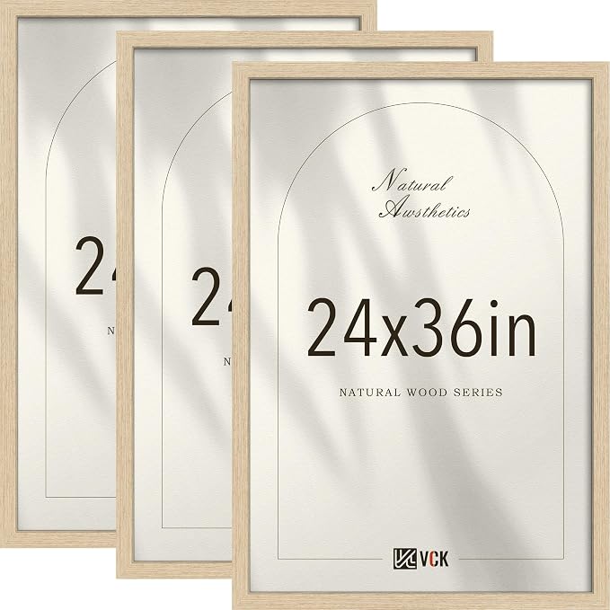 VCK 24x36 Poster Frame 3 Pack - Natural Oak Solid Wood, Exclusive Wood Grain Picture Frames, Wall Hanging