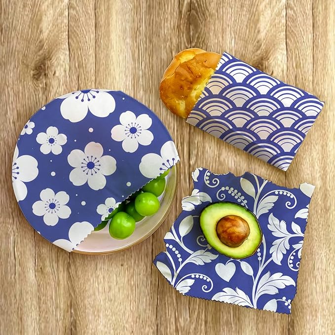 Reusable Beeswax Wraps, 9 Pack Sandwich Bowl Bread Food Storage, Organic Sustainable Zero Waste Plastic-Free, 1XL, 3M, 5S, Indigo Blue Floral Wave and Leaf Patterns