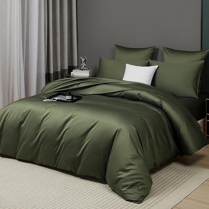Olive Green Cotton Duvet Cover Set Queen 100% Long-Staple Cotton Sateen Bedding Set, Soft Breathable Smooth Organic Pure Cotton Plain Comforter Cover, Luxury Minimalist Bedroom Decor for All Season
