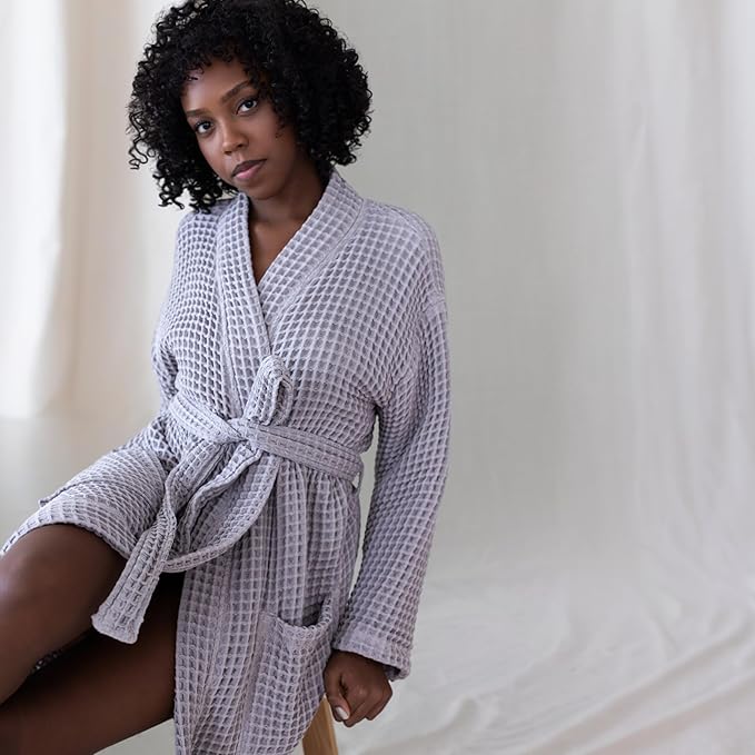 Womens Kimono Waffle Robe - Lightweight 100% Turkish Cotton Housecoat for All-Day Lounging - Bathrobe for Shower