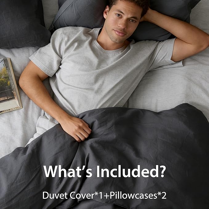 FALUCA French Linen Blend Duvet Cover Set 3Pcs Queen (88"x92") - Soft, Breathable, Cooling Farmhouse Bedding for Summer Hot Sleeper (Queen, Dark Grey)