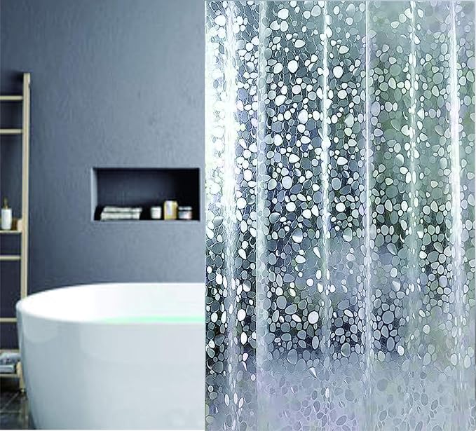 SUJAYU EVA Shower Curtain Liner with 12 Plastic Hooks, 72x72 Inch for Shower Stall & Bathtubs, 3D Pebble Bathroom Curtains, Odorless & Non Toxic, Semi-Transparent