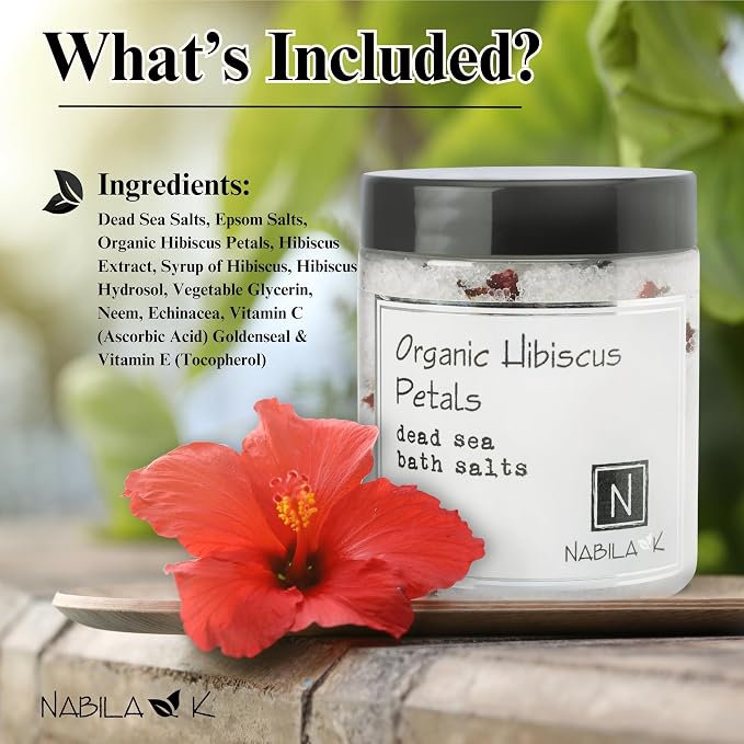 Organic Hibiscus Petals Bath Salts for Women & Men - Dead Sea Salt & Epsom Salt Soak and Scrub - Hibiscus Extract & Natural AHA, Cruelty-Free, Sulfate-Free | 8 oz | Nabila K