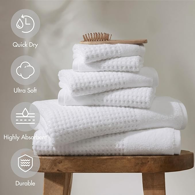 Madison Park Spa Waffle 100% Cotton Luxurious Towel Set, Premium Texture Waffle Weave, Highly Absorbent, Quick Dry, Hotel & Spa Quality Wash Clothes for Bathroom, Assorted Sizes, White 6 Piece