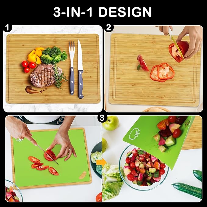 Bamboo Cutting Board set with 6 Pieces Flexible BPA free Plastic Colored Cutting mats for Meat and Vegetables, Durable 2-in-1 Serving Tray and Cutting Board for Kitchen