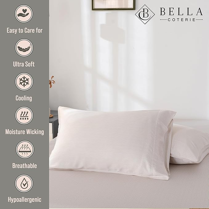 Bella Coterie | Luxury Bamboo Viscose Queen Size Pillowcase Set | 100% Organically Grown | Ultra Soft | Cooling | 2 Pcs [Striped Dune]