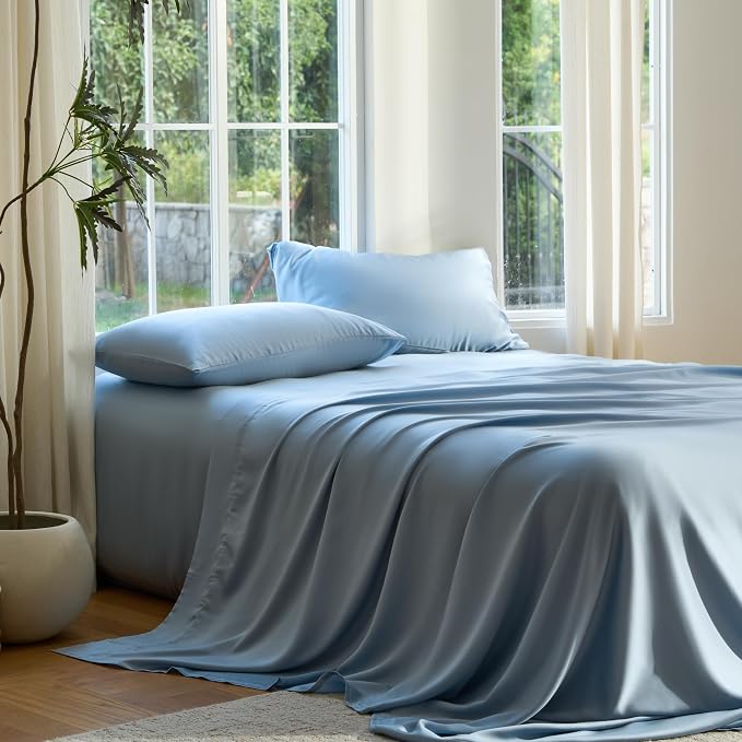 DOZ Sheet Set, 100% Viscose derived from Bamboo, Organically Grown, Buttery Soft, Cooling Sheets, High GSM, Deep Pockets - 3 Piece - 1 Pillowcase 1 Fitted Sheet 1 Top Sheet (Sky, Twin)
