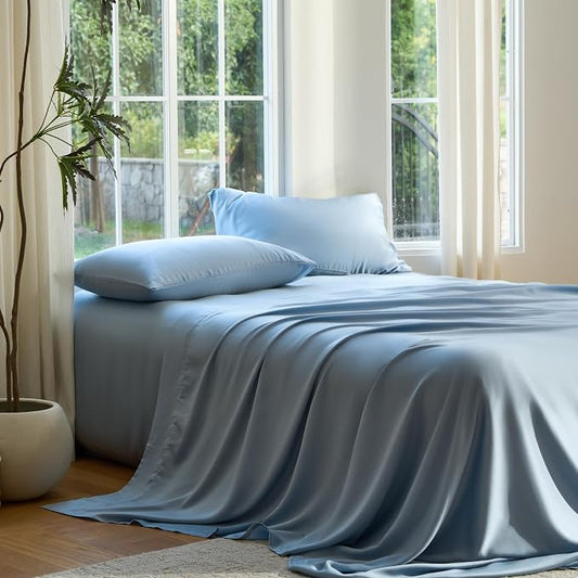 DOZ Sheet Set, 100% Viscose derived from Bamboo, Organically Grown, Buttery Soft, Cooling Sheets, High GSM, Deep Pockets - 3 Piece - 2 Pillowcases 1 Fitted Sheet (Sky, Full)