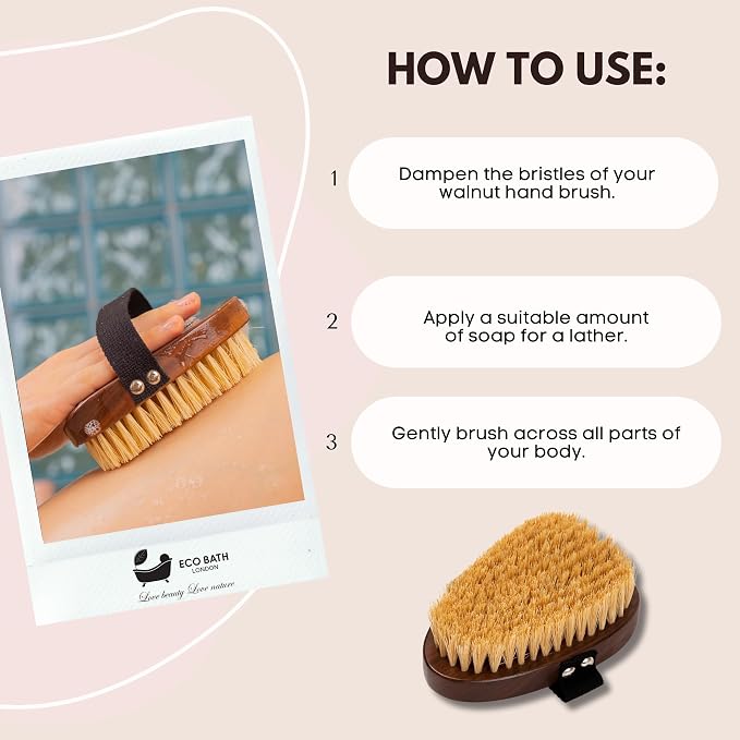 Eco Bath London Natural Sisal Walnut Hand Brush - Luxury Body Brush for Dry Brushing and Exfoliation, Durable Walnut Wood and Sisal Brush for Remove Dead Skin Toxins Cellulite