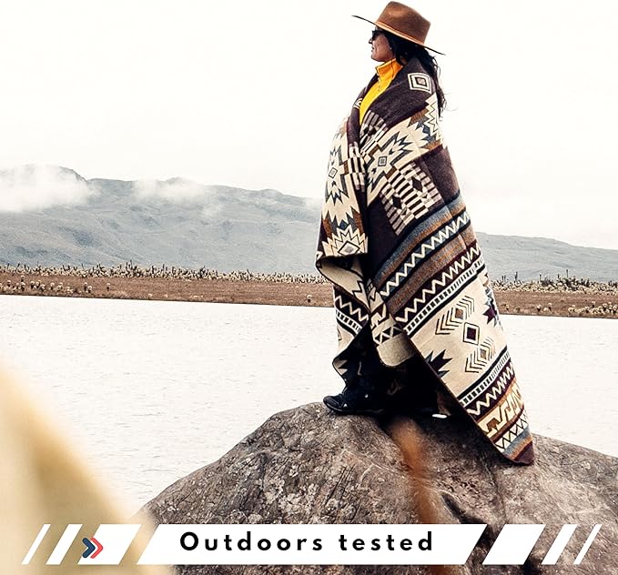 Native Pattern, Alpaca Wool Blanket XL Queen Size 93"x82", Cozy Blanket Handmade in South America (Brown)