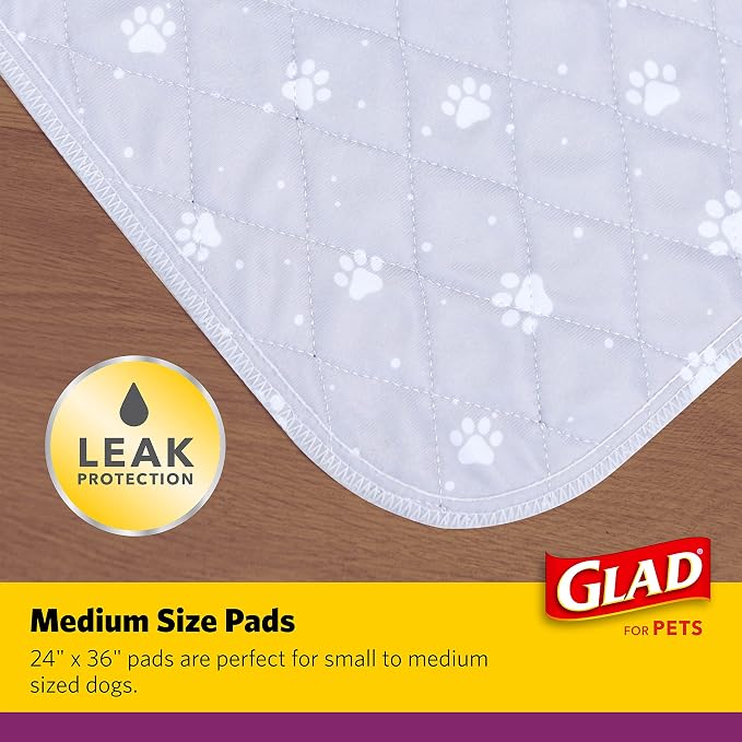 Glad for Pets Washable Dog Pee Pads, Medium, 24 x 36 Inch, 2 Count, Gray with Paw Prints, 3-Layer Leak Protection, No-Slip Vinyl Bottom, Reusable Puppy Training Pads (Pack of 2)